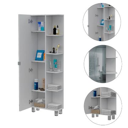 Venus Mirror Linen Single Door Cabinet, Five External Shelves, Four Interior Shelves alternate image