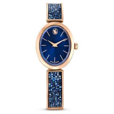 【Swarovski 施華洛世奇】Crystal Rock Oval 手錶 (瑞士製造 金屬手鏈 藍色 玫瑰金色潤飾) 
