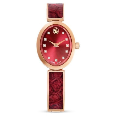 【Swarovski 施華洛世奇】Crystal Rock Oval 手錶 (瑞士製造 金屬手鏈 紅色 玫瑰金色潤飾) 