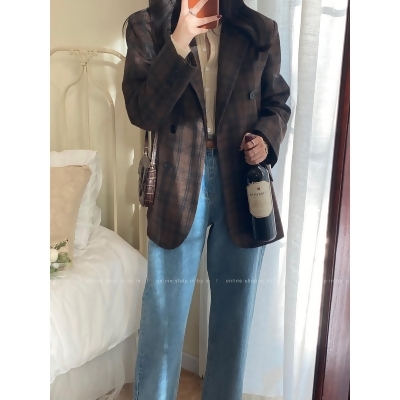 韓版雙排釦毛尼格子西裝外套 