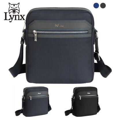【Lynx】美國山貓十字紋牛皮防潑水尼龍布包直式側背包 黑 