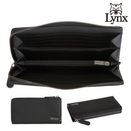 【Lynx】美國山貓自然紋進口牛皮L型長夾皮夾錢包 12卡/拉鍊袋-黑色 