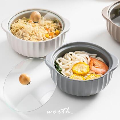 【渥思】莫蘭迪雙耳泡麵碗 陶瓷碗 附蓋 