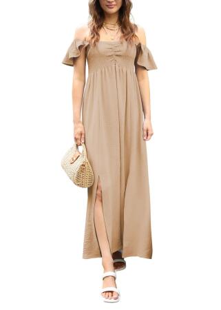 Anna-Kaci Women's Flutter Cap Sleeve Shirred Smocked Bodice Maxi Dress with Front Slits 