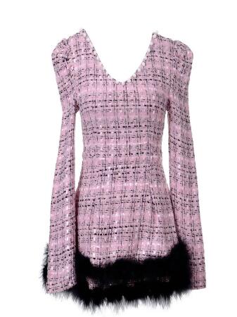 S/M Fit Pink Tweed Ice Skater Style Puff Shoulder Marabou Trim Dress 
