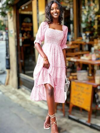 Square Neck Leopard Print Tiered Dress