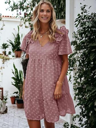 Ruffle Shoulder Textured Floral Dress 