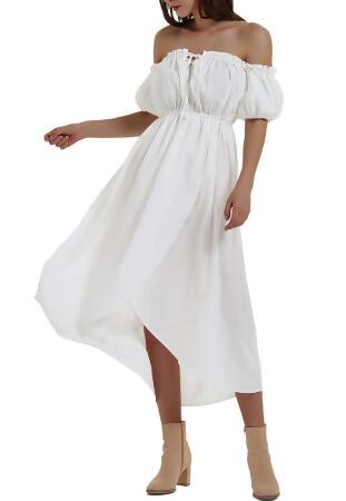 Anna-Kaci Women White Summer Fall Renaissance Dresses Casual Boho Lantern Sleeve Off Shoulder Fairy Long Dress 