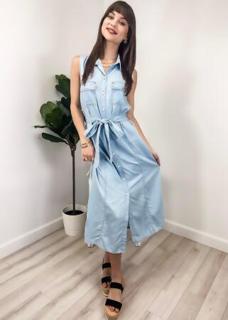 Anna-Kaci Women's Sleeveless Jean Shirt Dress Tied Waist Turn Down Collar Pocket Denim Dress 