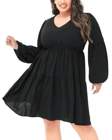 Anna-Kaci Women's Plus Size Tunic Dress V Neck Long Sleeve Smocked Casual Loose Flowy Swing Shift Dresses 