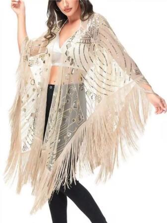 Anna-Kaci Womens Oversize Hand Beaded Fringed Sequin Evening Shawl Wrap