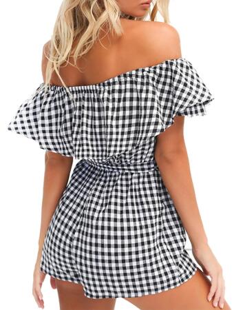 Anna-Kaci Womens Off Shoulder Short Rompers Ruffle Hem Drawstring Waist Plaid Short Jumpsuit alternate image