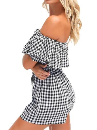 Anna-Kaci Womens Off Shoulder Short Rompers Ruffle Hem Drawstring Waist Plaid Short Jumpsuit alternate image