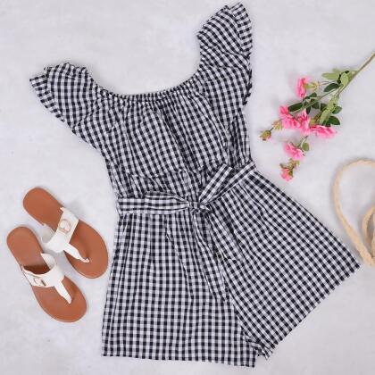 Anna-Kaci Womens Off Shoulder Short Rompers Ruffle Hem Drawstring Waist Plaid Short Jumpsuit alternate image