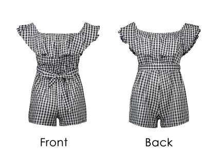 Anna-Kaci Womens Off Shoulder Short Rompers Ruffle Hem Drawstring Waist Plaid Short Jumpsuit alternate image