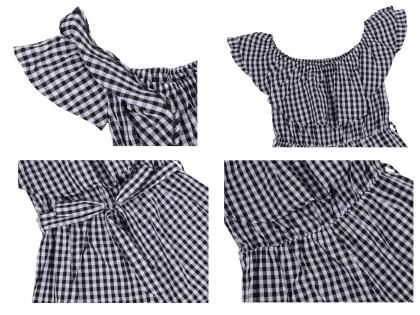 Anna-Kaci Womens Off Shoulder Short Rompers Ruffle Hem Drawstring Waist Plaid Short Jumpsuit alternate image