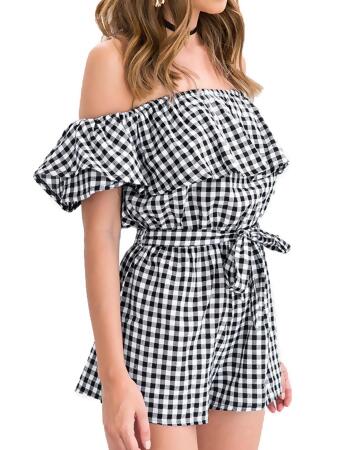 Anna-Kaci Womens Off Shoulder Short Rompers Ruffle Hem Drawstring Waist Plaid Short Jumpsuit alternate image