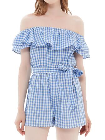 Anna-Kaci Womens Off Shoulder Short Rompers Ruffle Hem Drawstring Waist Plaid Short Jumpsuit alternate image