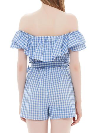 Anna-Kaci Womens Off Shoulder Short Rompers Ruffle Hem Drawstring Waist Plaid Short Jumpsuit alternate image
