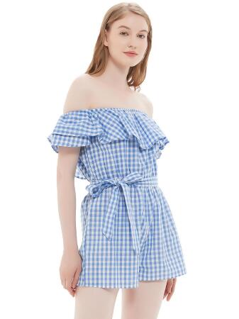 Anna-Kaci Womens Off Shoulder Short Rompers Ruffle Hem Drawstring Waist Plaid Short Jumpsuit alternate image