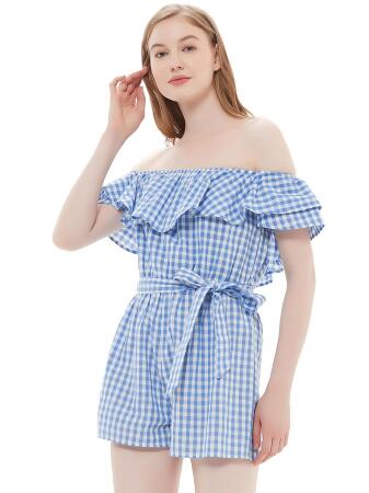 Anna-Kaci Womens Off Shoulder Short Rompers Ruffle Hem Drawstring Waist Plaid Short Jumpsuit alternate image