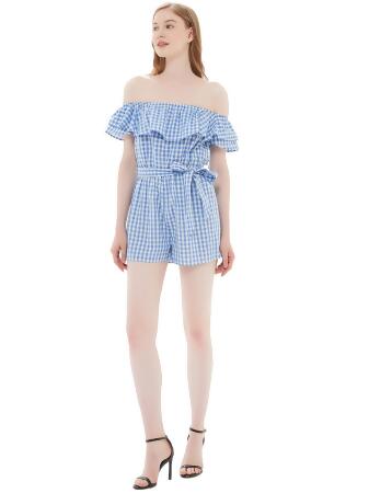 Anna-Kaci Womens Off Shoulder Short Rompers Ruffle Hem Drawstring Waist Plaid Short Jumpsuit alternate image