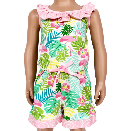AnnLoren Little & Big Girls Pink Flamingo Palm Tree Kids Shorts Jumpsuit 