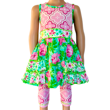 AnnLoren Little Toddler Big Girls' Floral Dress Leggings Boutique Clothing Set Spring Summer 