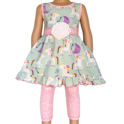 AnnLoren Girls Unicorns Rainbow Dress & Pink Swirl Leggings Outfit 