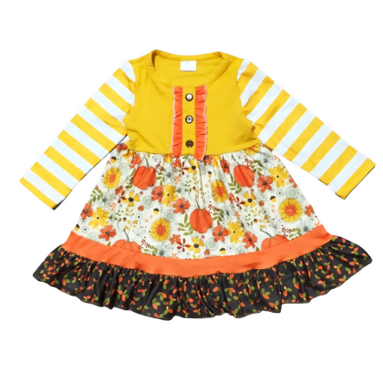 Girls Autumn Pumpkin Floral Cotton Knit Fall Long Sleeve Dress 