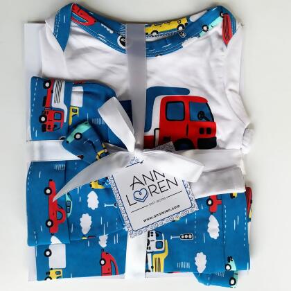 AnnLoren Baby Boys Layette Cars Trucks Long Sleeve Onesie Pants Cap 3pc Gift Set alternate image