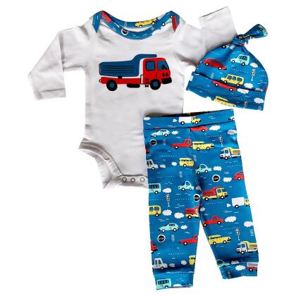 AnnLoren Baby Boys Layette Cars Trucks Long Sleeve Onesie Pants Cap 3pc Gift Set alternate image