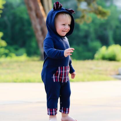 AnnLoren Girls Long Sleeve Teddy Bear Blue Plaid Baby Toddler Romper Hoodie One Piece alternate image