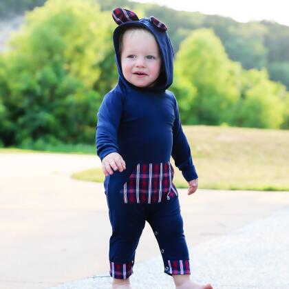 AnnLoren Girls Long Sleeve Teddy Bear Blue Plaid Baby Toddler Romper Hoodie One Piece alternate image