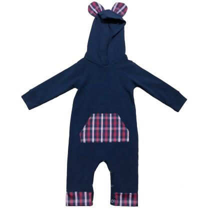 AnnLoren Girls Long Sleeve Teddy Bear Blue Plaid Baby Toddler Romper Hoodie One Piece alternate image