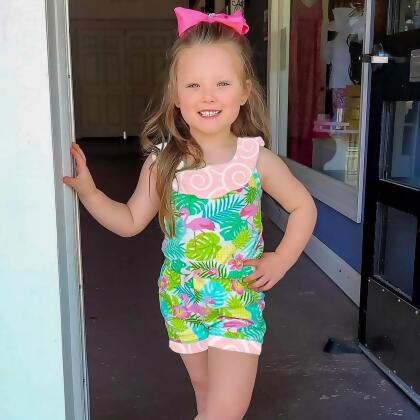 AnnLoren Little & Big Girls Pink Flamingo Palm Tree Kids Shorts Jumpsuit alternate image
