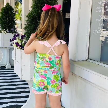 AnnLoren Little & Big Girls Pink Flamingo Palm Tree Kids Shorts Jumpsuit alternate image