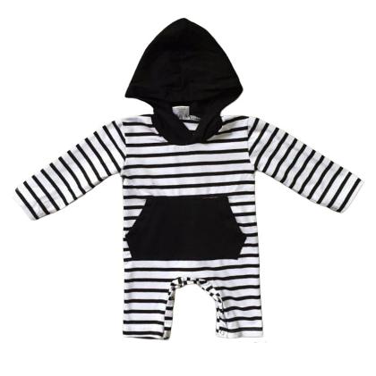 Baby Boys Black & White Striped Hoodie Romper Cotton Long Sleeve alternate image