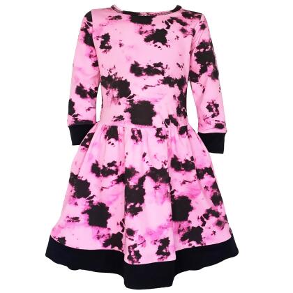 AnnLoren Girls Boutique Pink Black White Tie Dye Long Sleeve Cotton Dress alternate image
