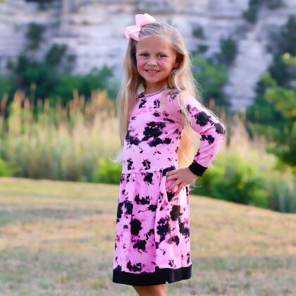 AnnLoren Girls Boutique Pink Black White Tie Dye Long Sleeve Cotton Dress alternate image