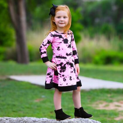 AnnLoren Girls Boutique Pink Black White Tie Dye Long Sleeve Cotton Dress alternate image