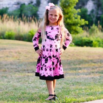 AnnLoren Girls Boutique Pink Black White Tie Dye Long Sleeve Cotton Dress alternate image