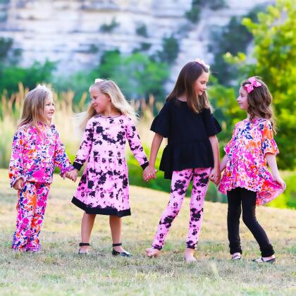 AnnLoren Girls Boutique Pink Black White Tie Dye Long Sleeve Cotton Dress alternate image