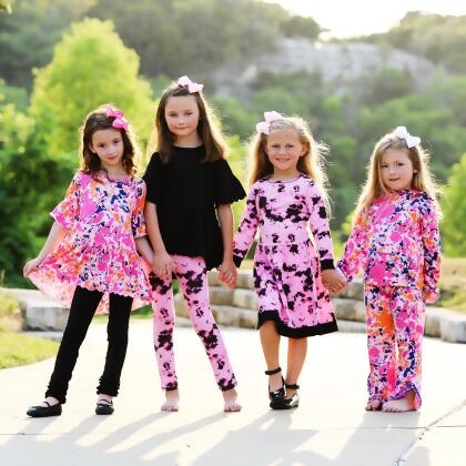AnnLoren Girls Boutique Pink Black White Tie Dye Long Sleeve Cotton Dress alternate image