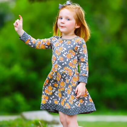 AnnLoren Girls Boutique Grey Peach Shabby Fall Floral Long Sleeve Cotton Dress alternate image