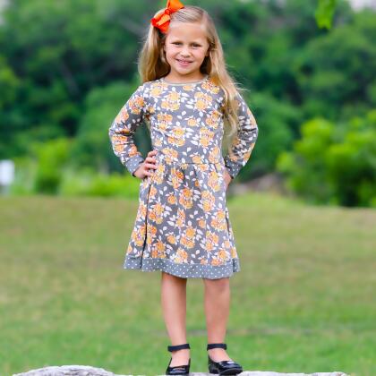AnnLoren Girls Boutique Grey Peach Shabby Fall Floral Long Sleeve Cotton Dress alternate image