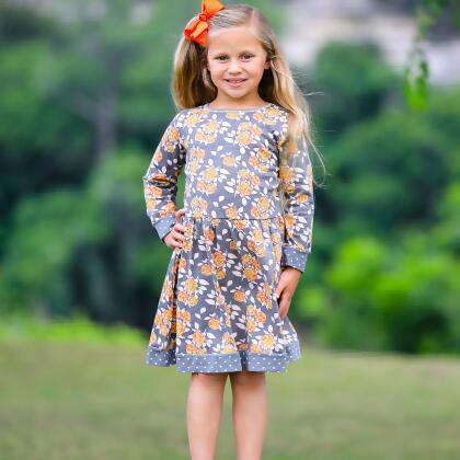 AnnLoren Girls Boutique Grey Peach Shabby Fall Floral Long Sleeve Cotton Dress alternate image