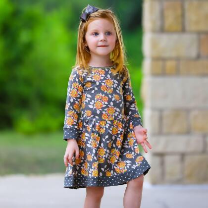 AnnLoren Girls Boutique Grey Peach Shabby Fall Floral Long Sleeve Cotton Dress alternate image