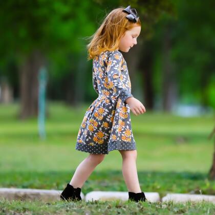 AnnLoren Girls Boutique Grey Peach Shabby Fall Floral Long Sleeve Cotton Dress alternate image