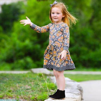 AnnLoren Girls Boutique Grey Peach Shabby Fall Floral Long Sleeve Cotton Dress alternate image
